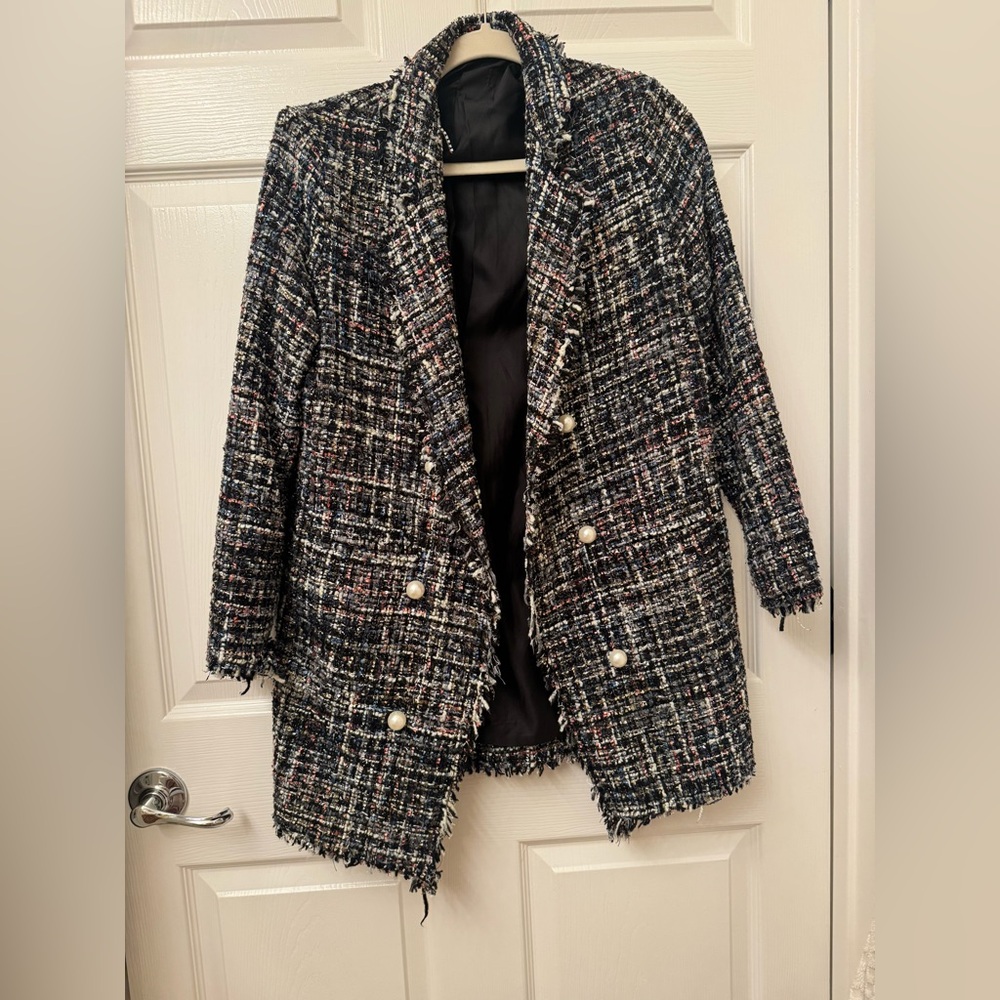 Women's Black Tweed Coat with Pearl Buttons
